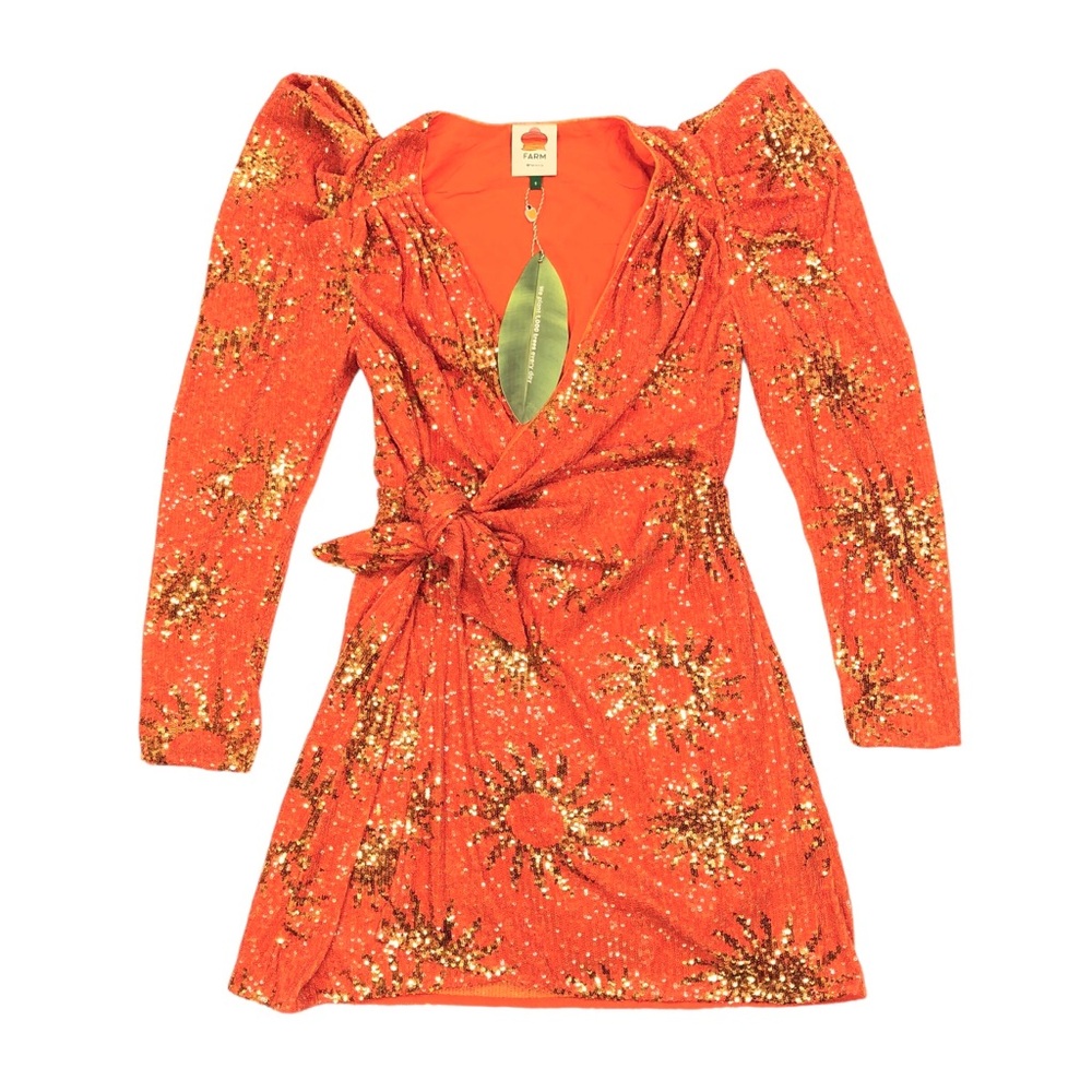 Farm Rio Sunny Mood Sequin Long Sleeve Mini Dress Size Small Orange Tied Waist